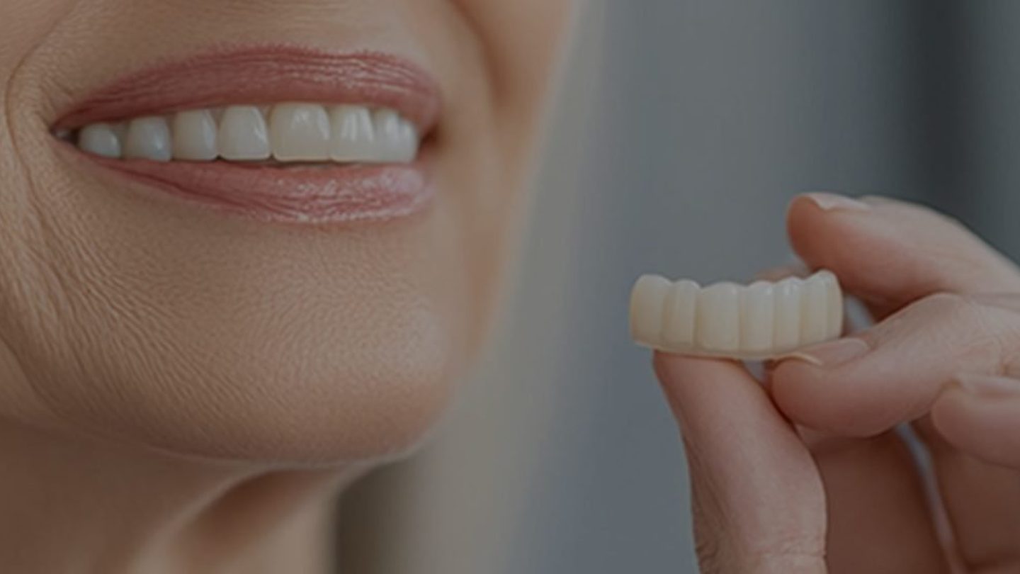 Paciente sujetando un puente dental junto a su sonrisa